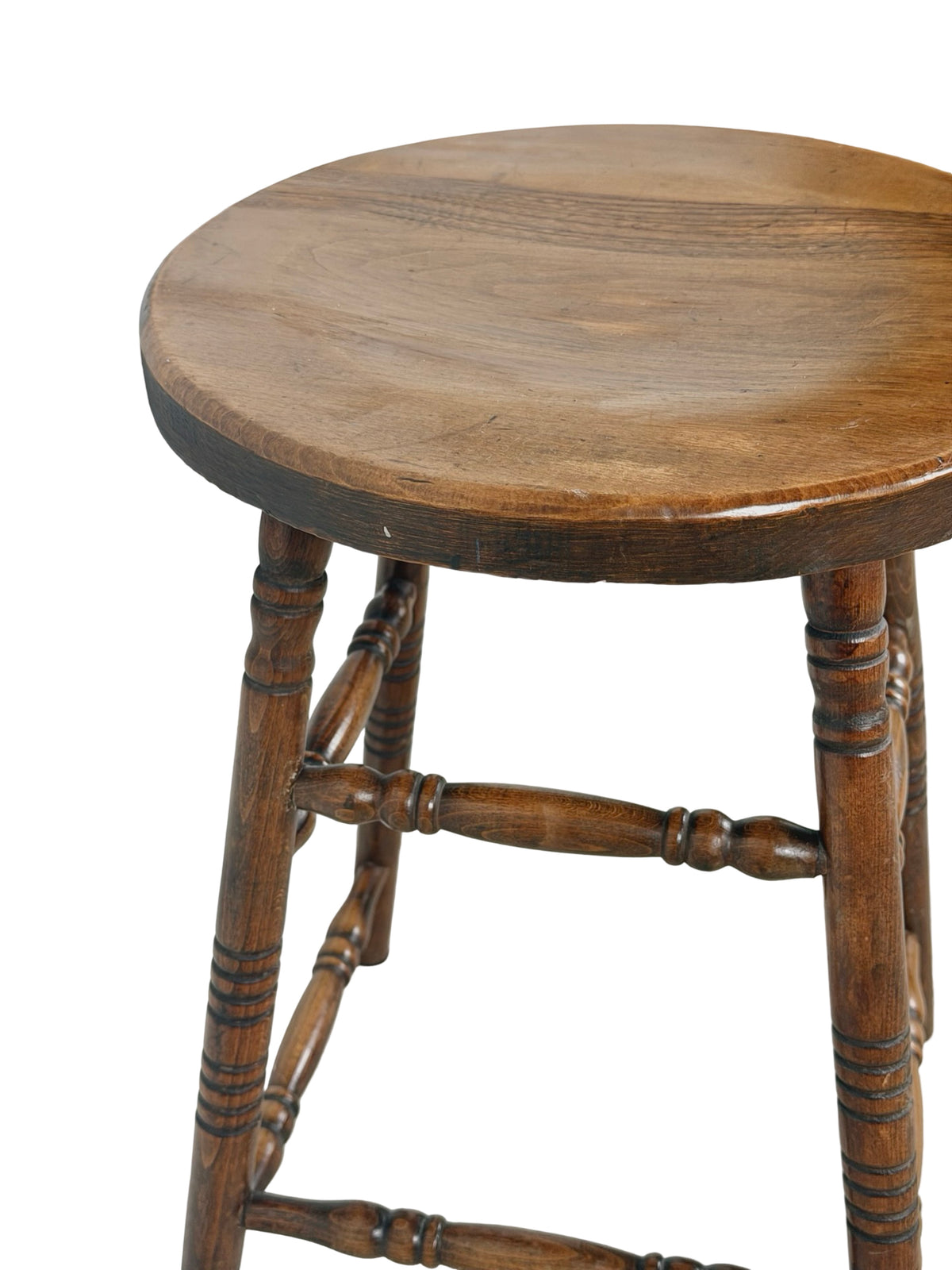 Antique Country Turned-Leg Round Wooden Stool, Primitive Farmhouse