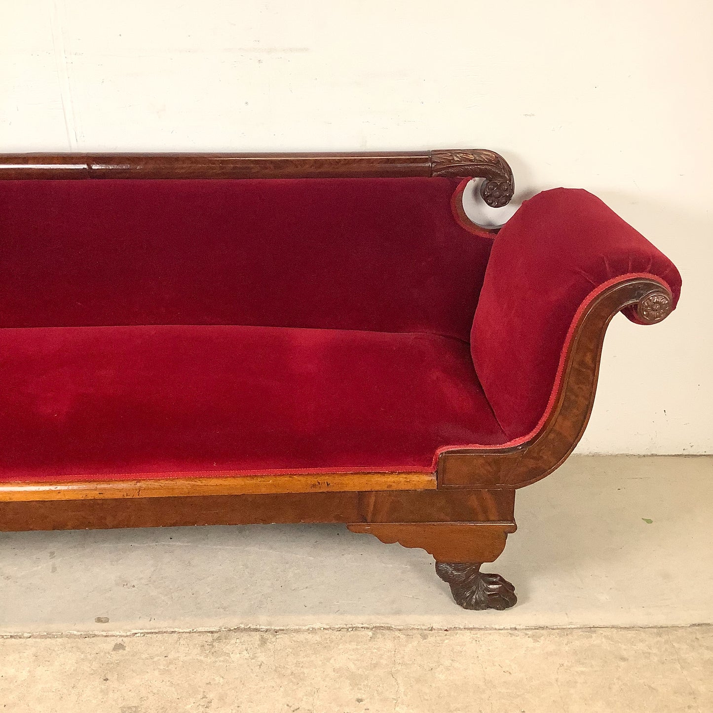 Antique American Empire Revival Mahogany Settee | Scroll Arms Sofa| Carved Paw Feet | Crimson Velvet