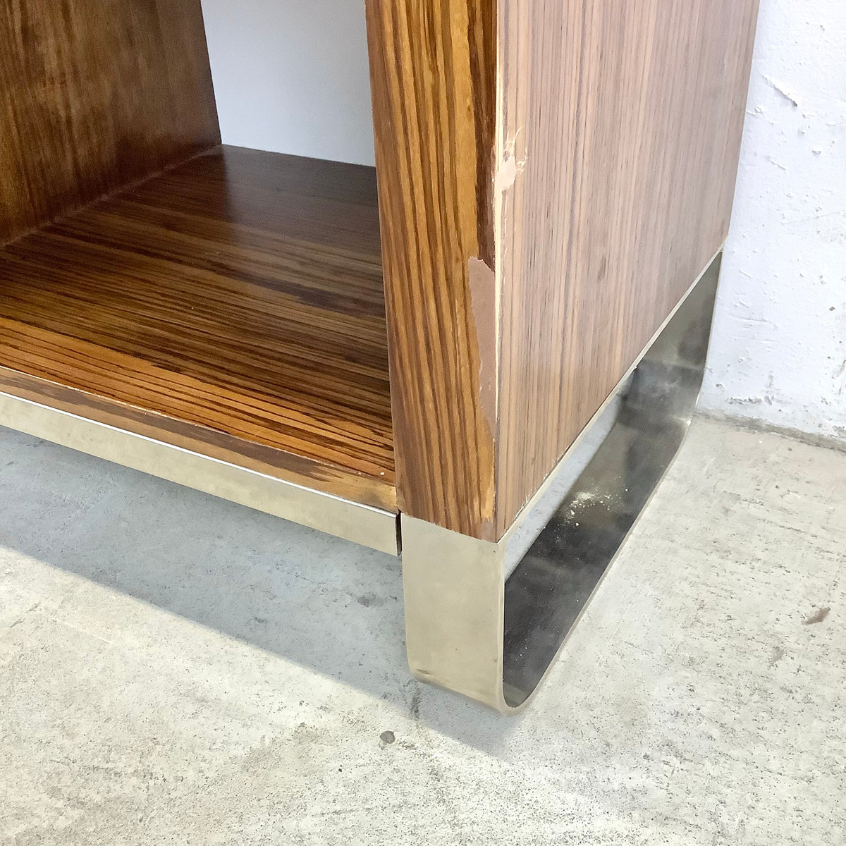 Modern Zebrawood Cube Shelf with Chrome Sled Base