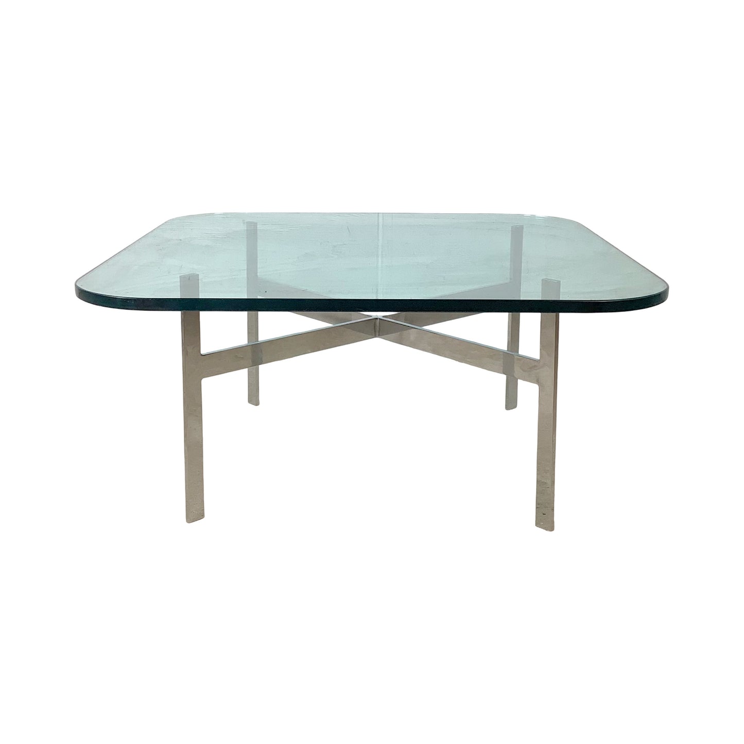 Vintage Barcelona-Style Coffee Table | Brushed Chrome X-Base | Thick Glass | 36" Square | c. 1970s–1980s