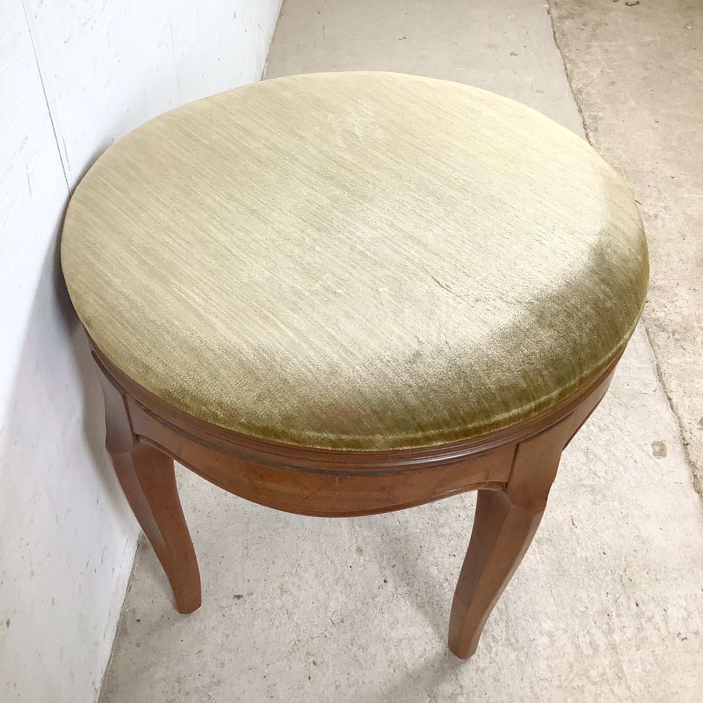 Vintage French Provincial Swivel Stool —Sage Velvet, Cabriole Legs, Mid-Century