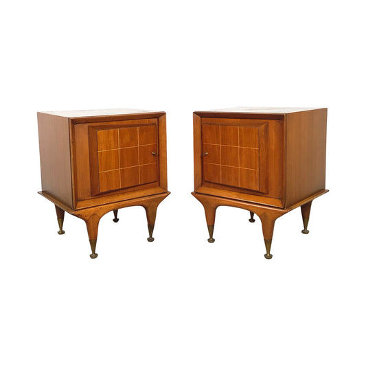 Mid-Century Modern Walnut Nightstands with Brass Grid Doors