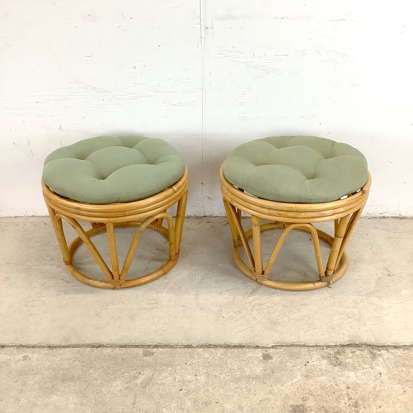 Pair Vintage Boho Rattan Footstools
