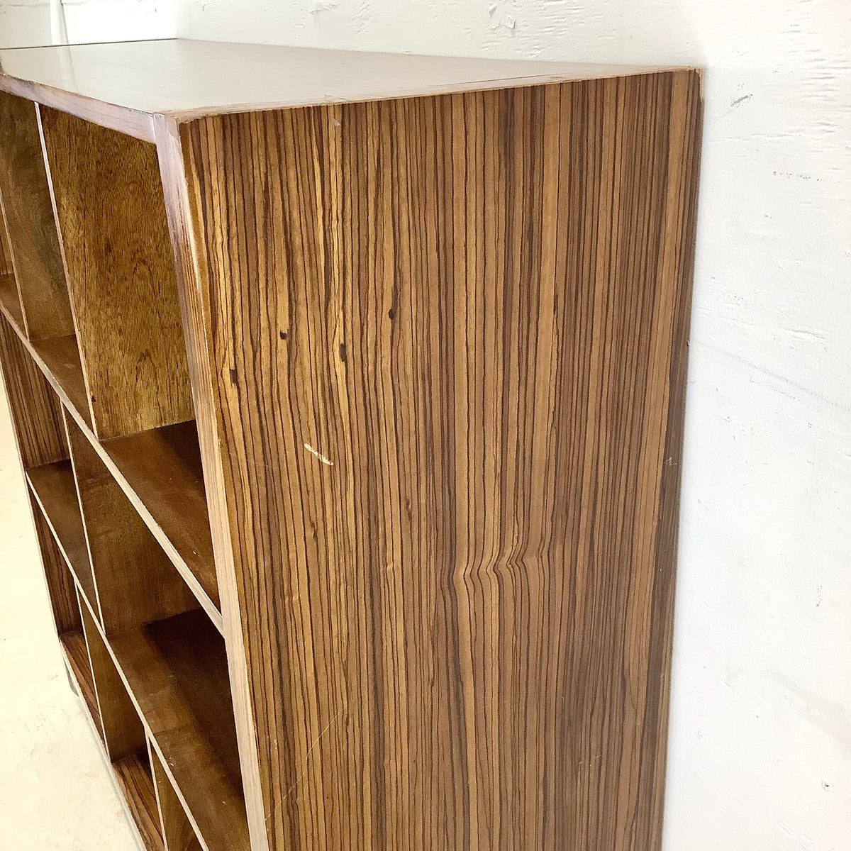 Modern Zebrawood Cube Shelf with Chrome Sled Base