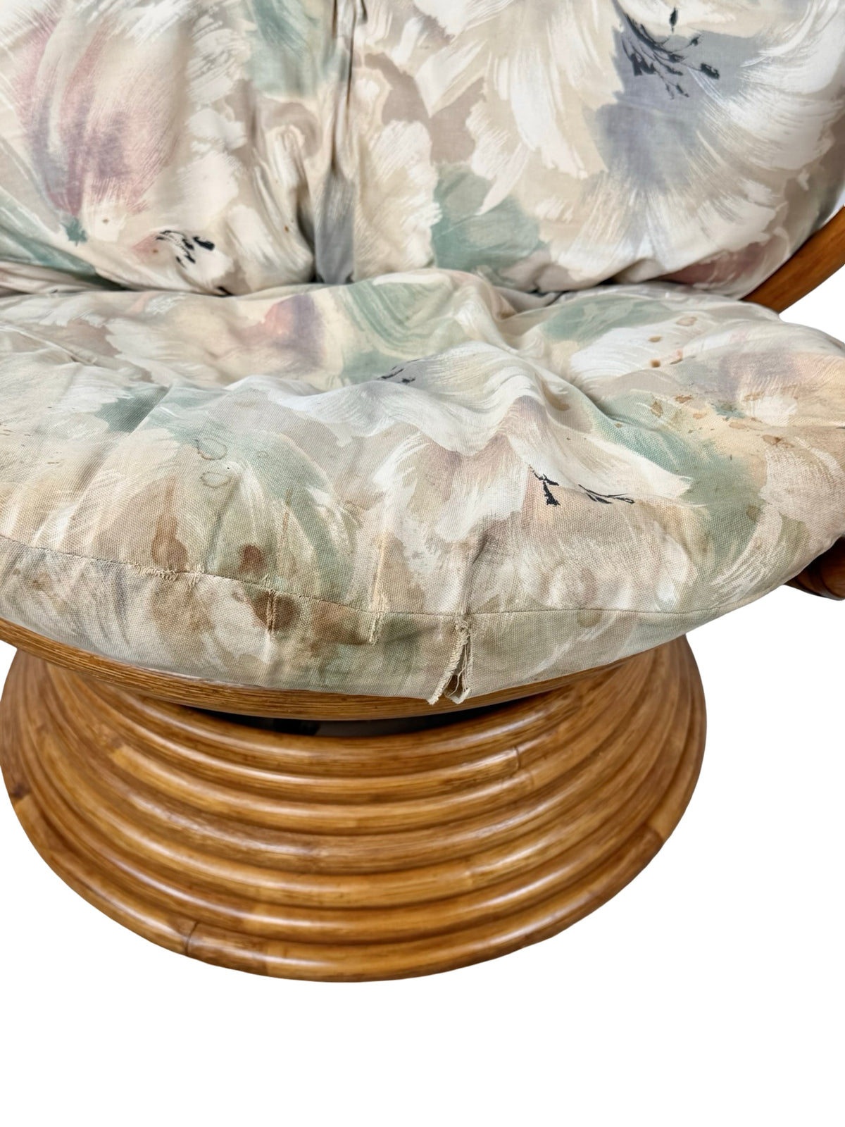 Vintage Rattan Swivel Rocker Lounge Chair with Floral Cushions