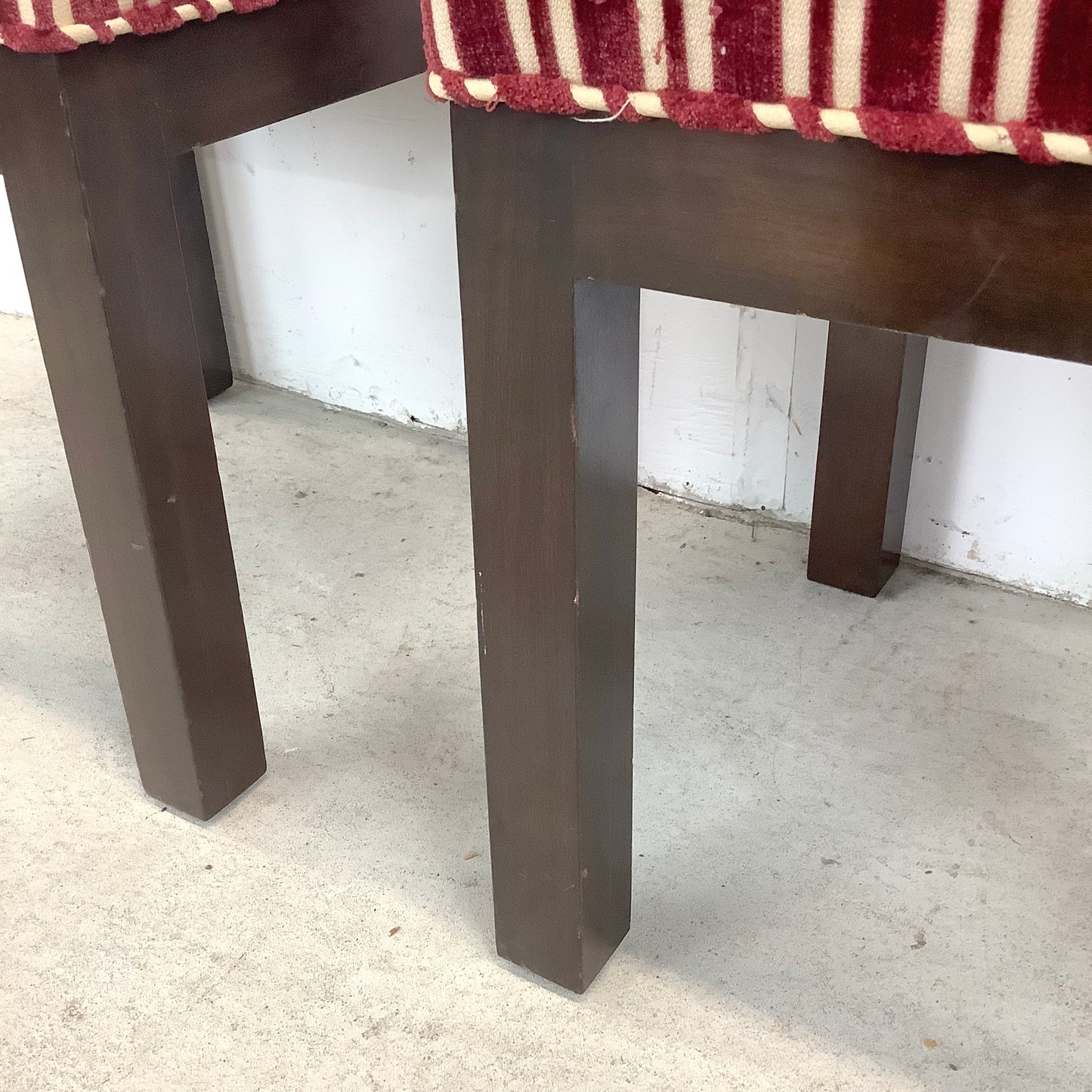 Pair of Vintage Mid-Century Tufted Footstools with Striped Fabric