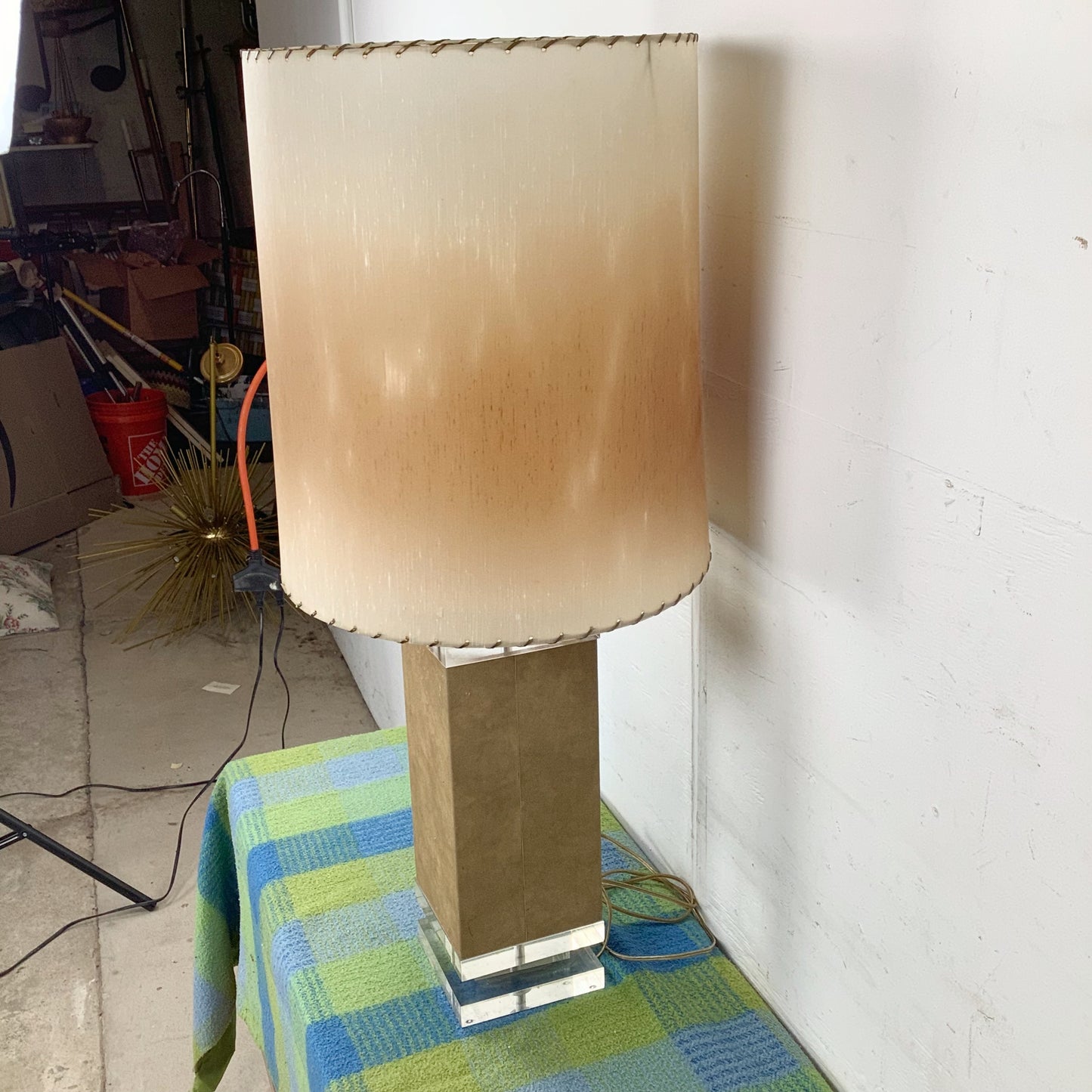 Vintage Architectural Table Lamp with Wrapped Column and Clear Lucite Base
