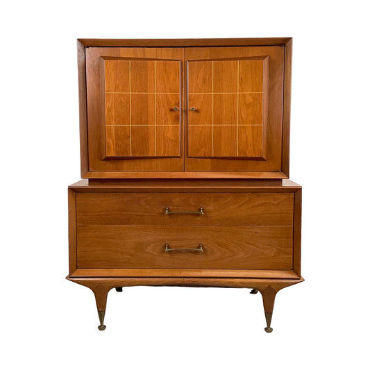 Mid-Century Walnut Highboy With Brass Pulls and Interior Drawers