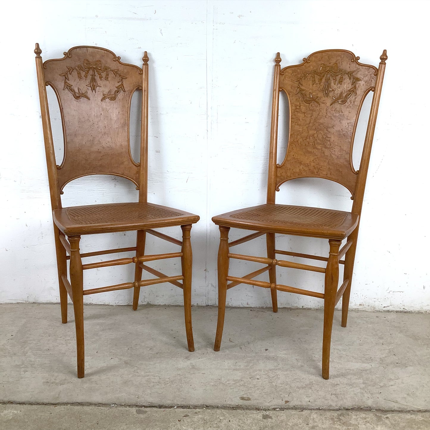 Antique Ribbon & Garland Caned Seat Side Chairs – Pair