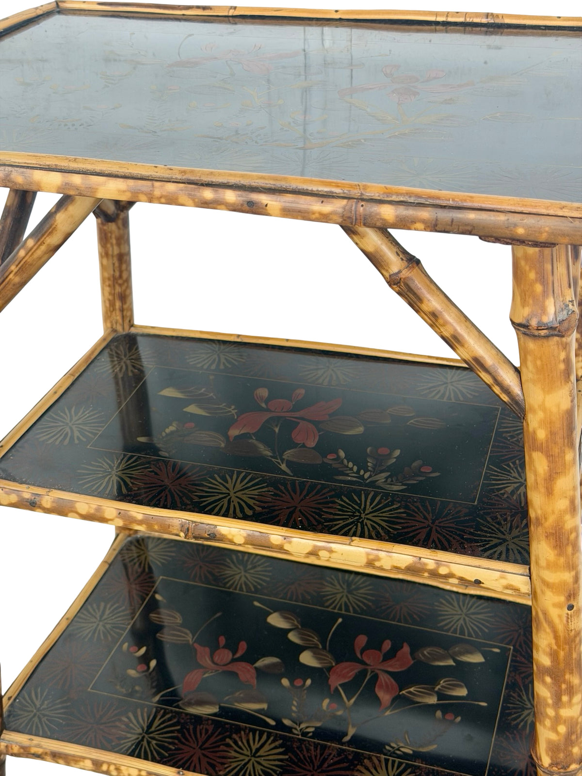 Antique Victorian Aesthetic Movement Tiger Bamboo Three-Tier Side Table with Floral Shelves