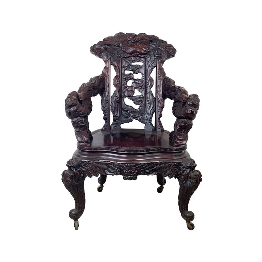 Antique Chinese Export Carved Hardwood Dragon Armchair | Foo Dog Arms | Late 19th to Early 20th Century
