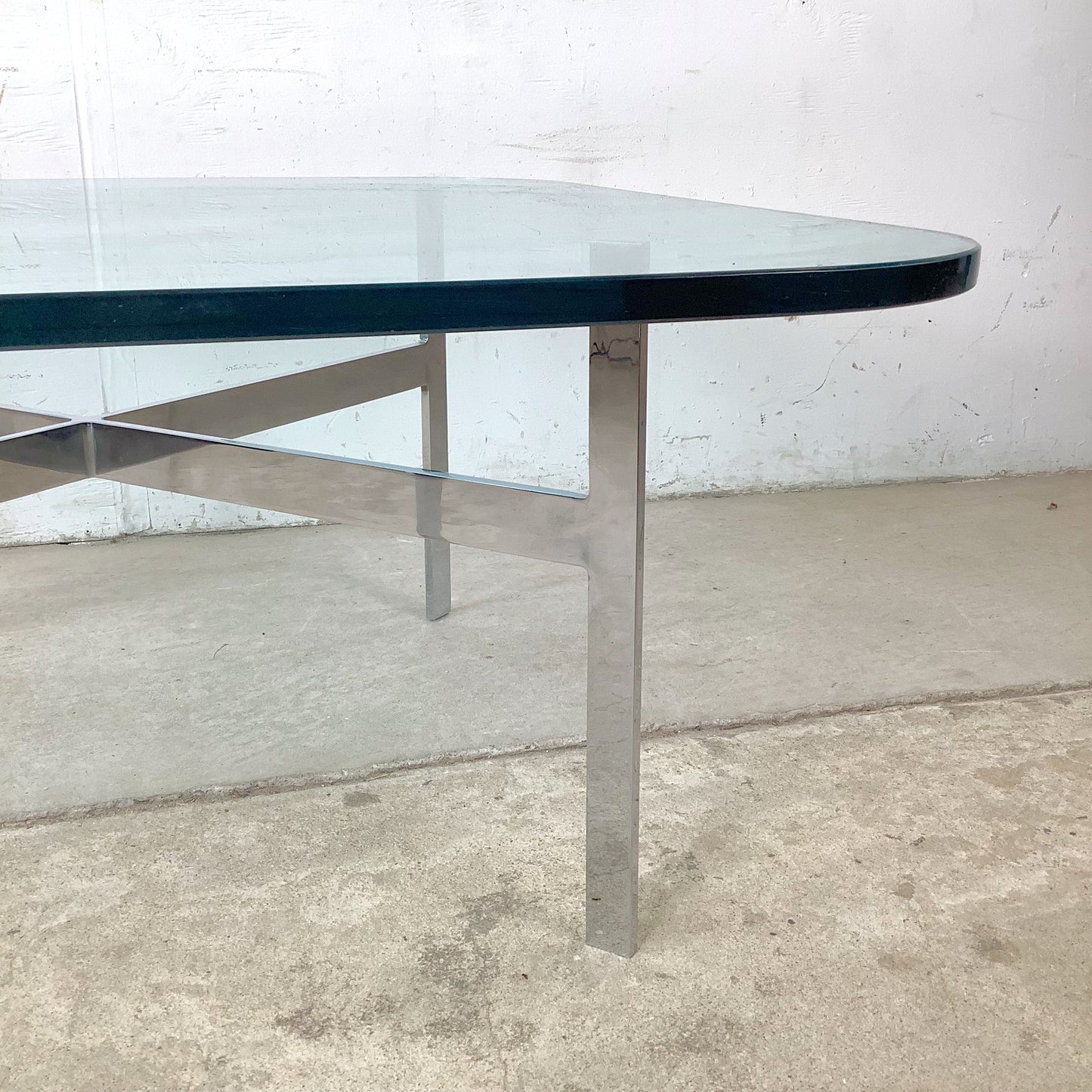 Vintage Barcelona-Style Coffee Table | Brushed Chrome X-Base | Thick Glass | 36" Square | c. 1970s–1980s