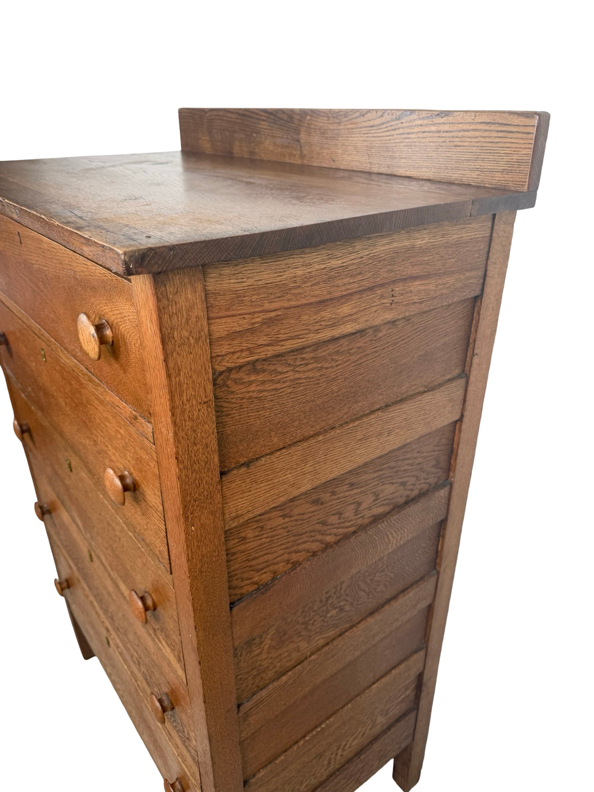 Antique Early 1900s Oak Five-Drawer Tall Chest of Drawers