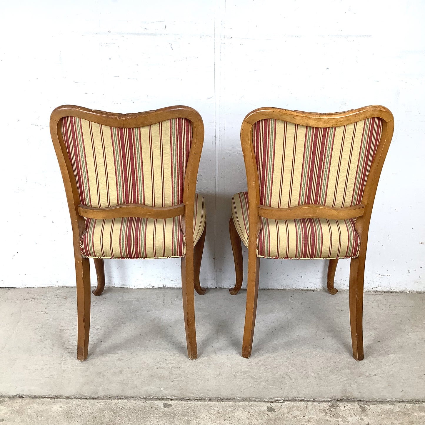Queen Anne Dining Side Chairs — Set of Four | Walnut Cabriole Legs | Burgundy Stripe Upholstery