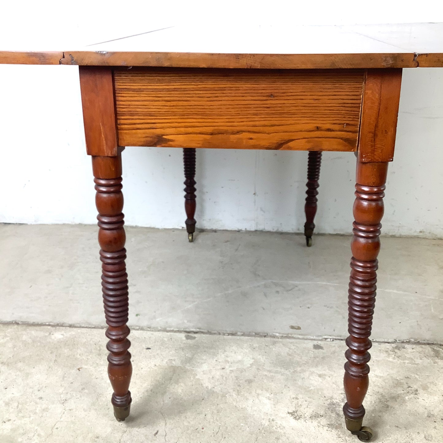 Antique American Drop-Leaf Table | Victorian Spool-Turned Legs | Original Brass Casters | Hardwood Top