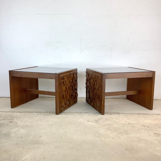 Pair Brutalist Modern Glass Top End Tables