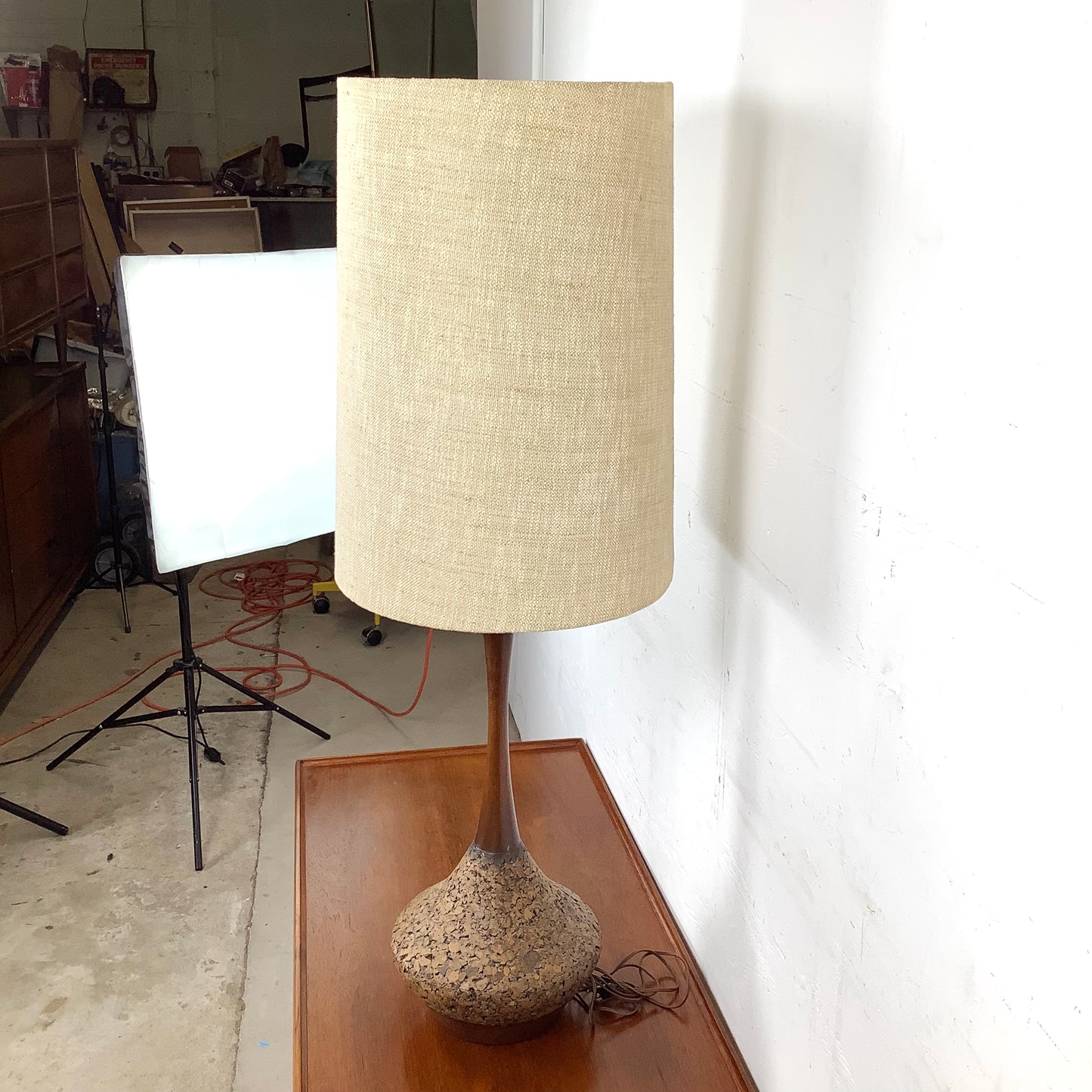Vintage Cork and Wood Sculptural Table Lamp
