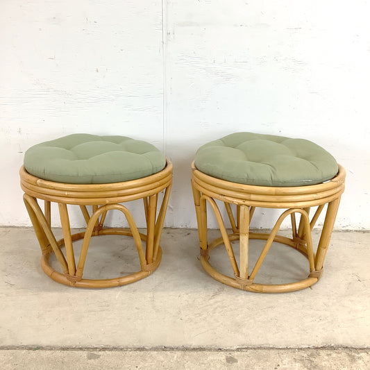 Pair Vintage Boho Rattan Footstools