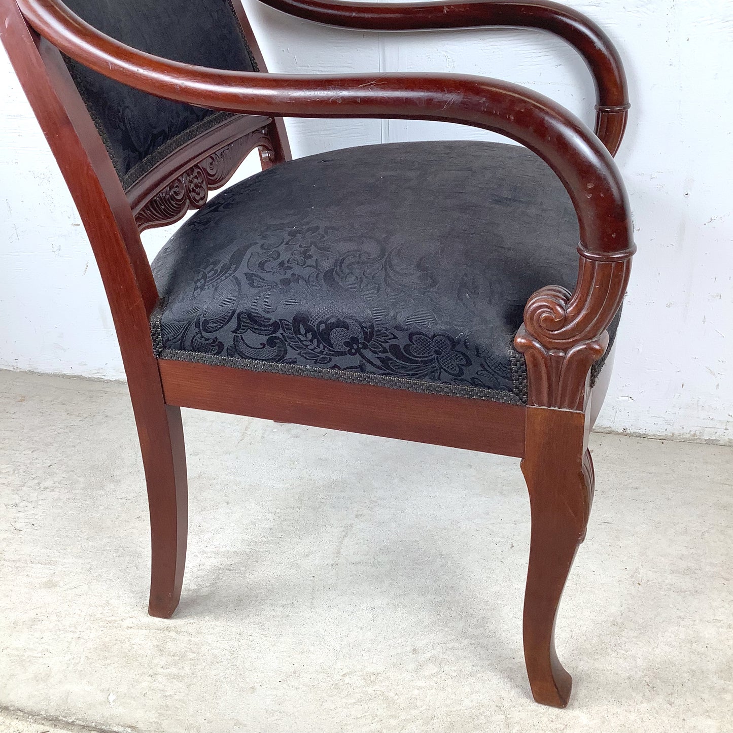 Empire Style Mahogany Armchair | Carved Acanthus Frame | Black Damask Upholstery | Neoclassical