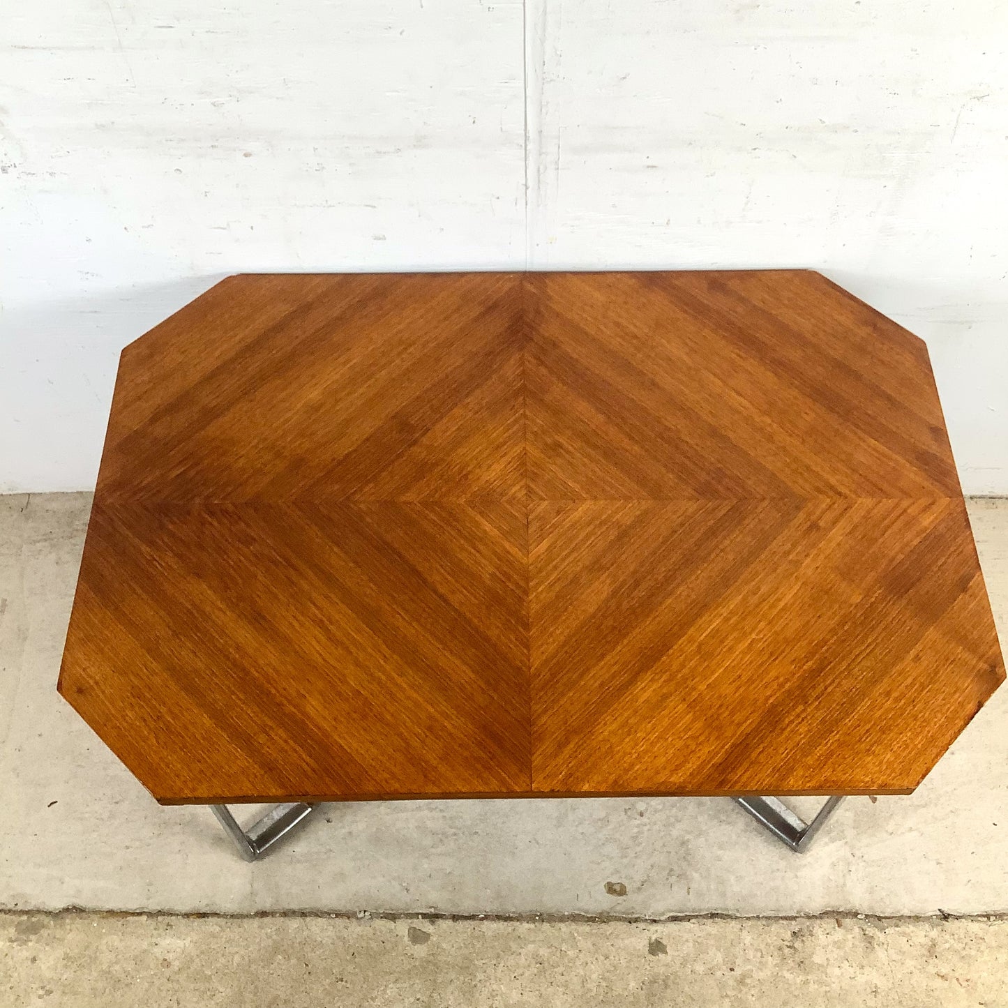 Vintage Modern Coffee Table with Bookmatched Veneer Top and Chrome Base