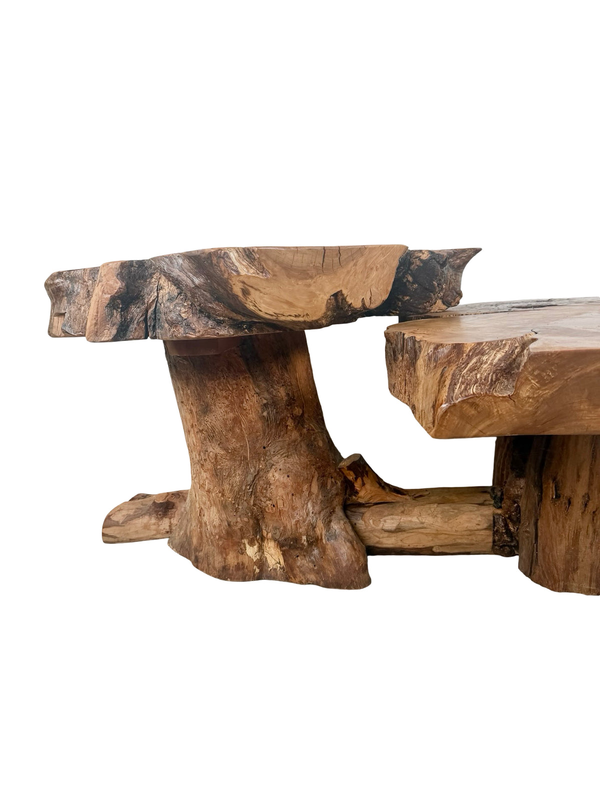Vintage Two-Tier Live Edge Wood Coffee Table with Sculptural Trunk Base