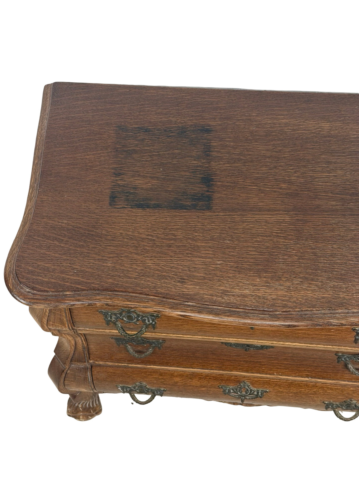 Vintage Dutch Baroque Revival Oak Bombé Three-Drawer Chest with Paw Feet