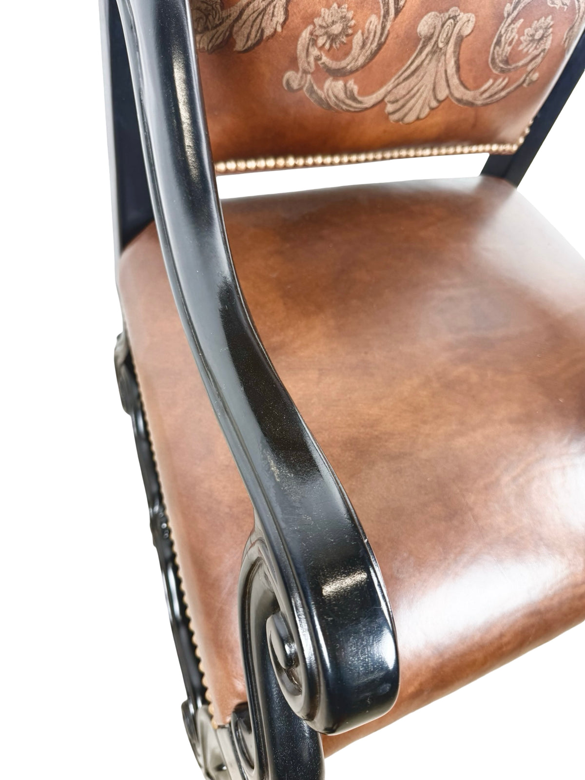 Ferguson Copeland Carved Wood & Leather Crest Armchair