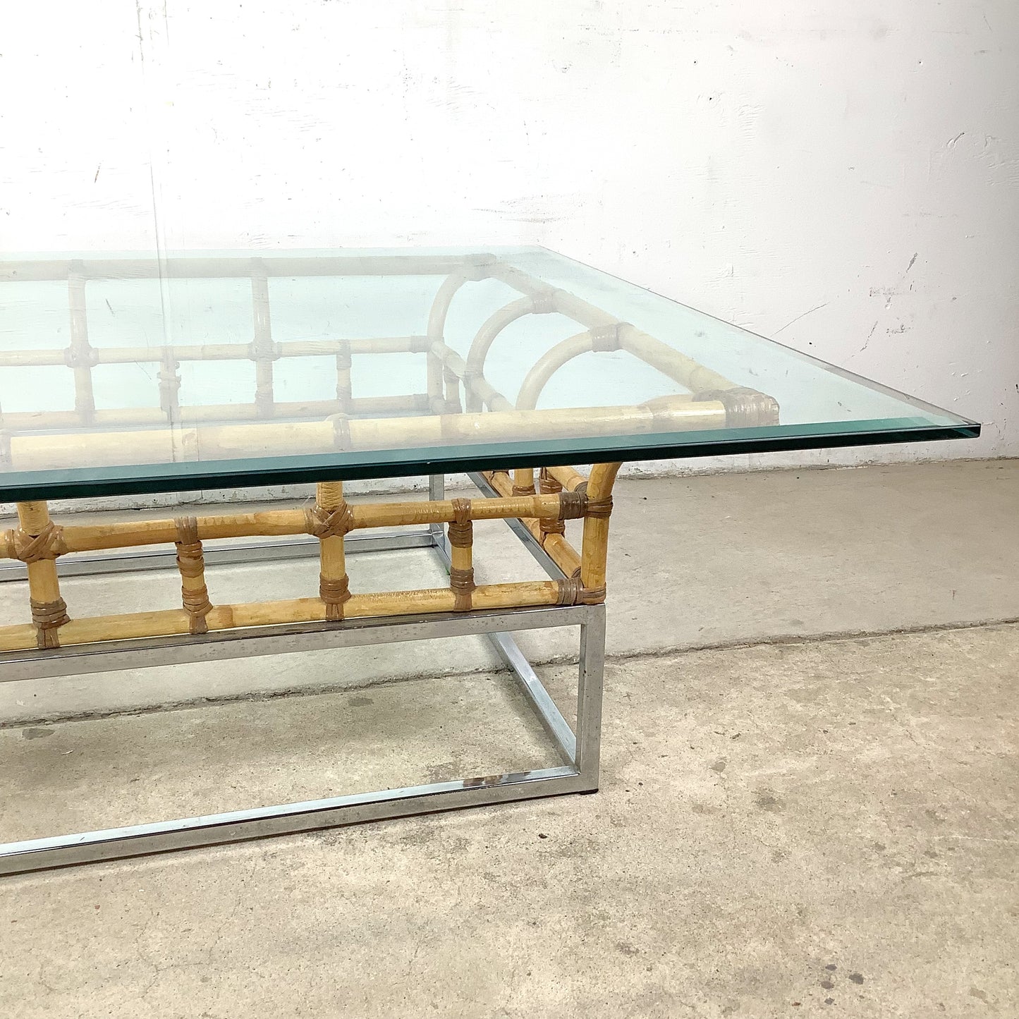 Vintage Hollywood Regency Bamboo, Chrome, and Glass Square Coffee Table