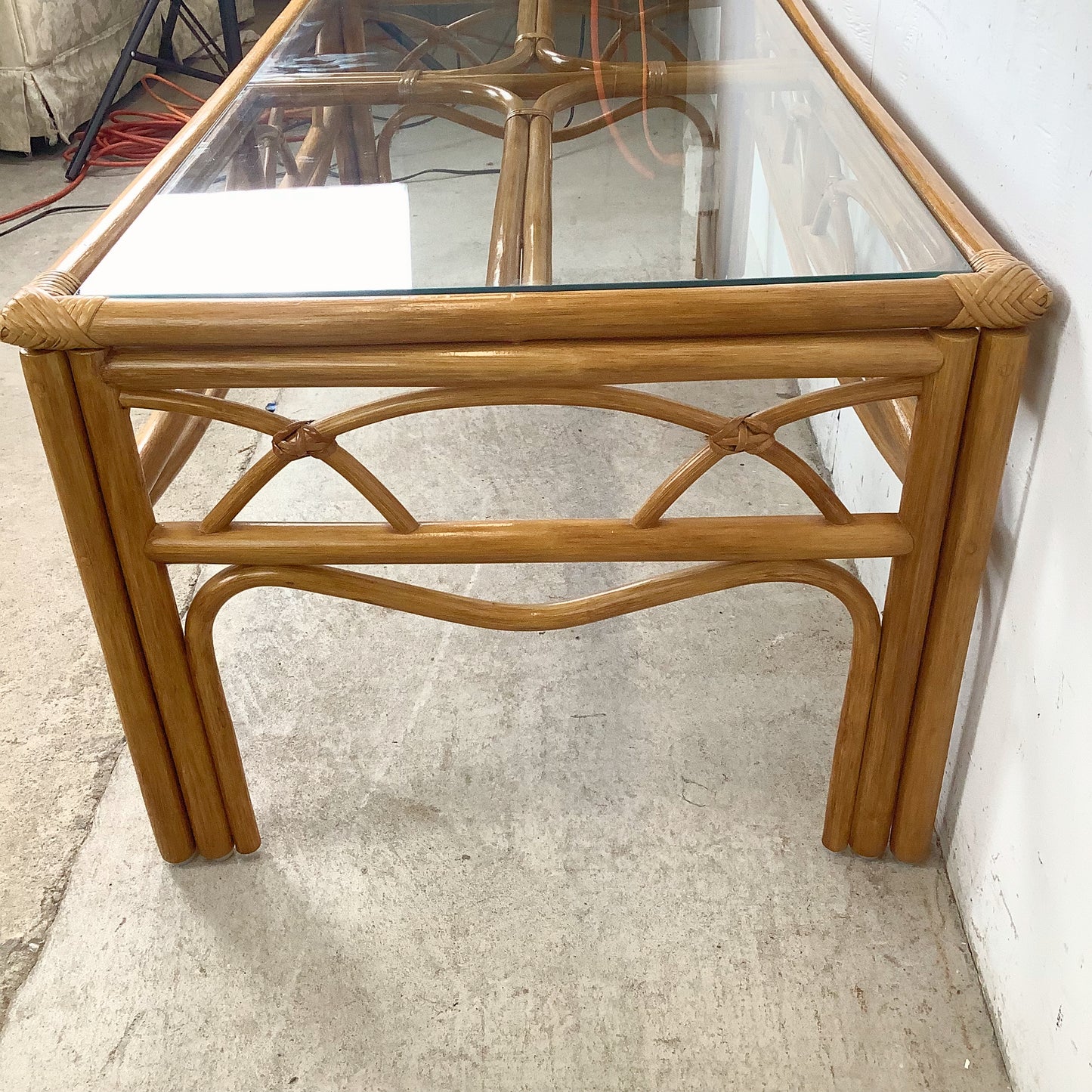 Vintage Rattan Cocktail Table, Cathedral Arch Apron with Glass Top