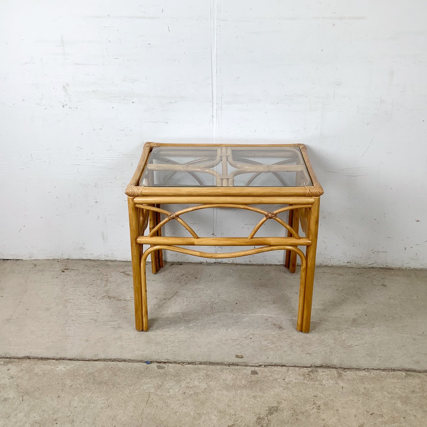 Vintage Bent Rattan Side Table with Inset Glass Top — Arch Apron, circa 1970s–1980s