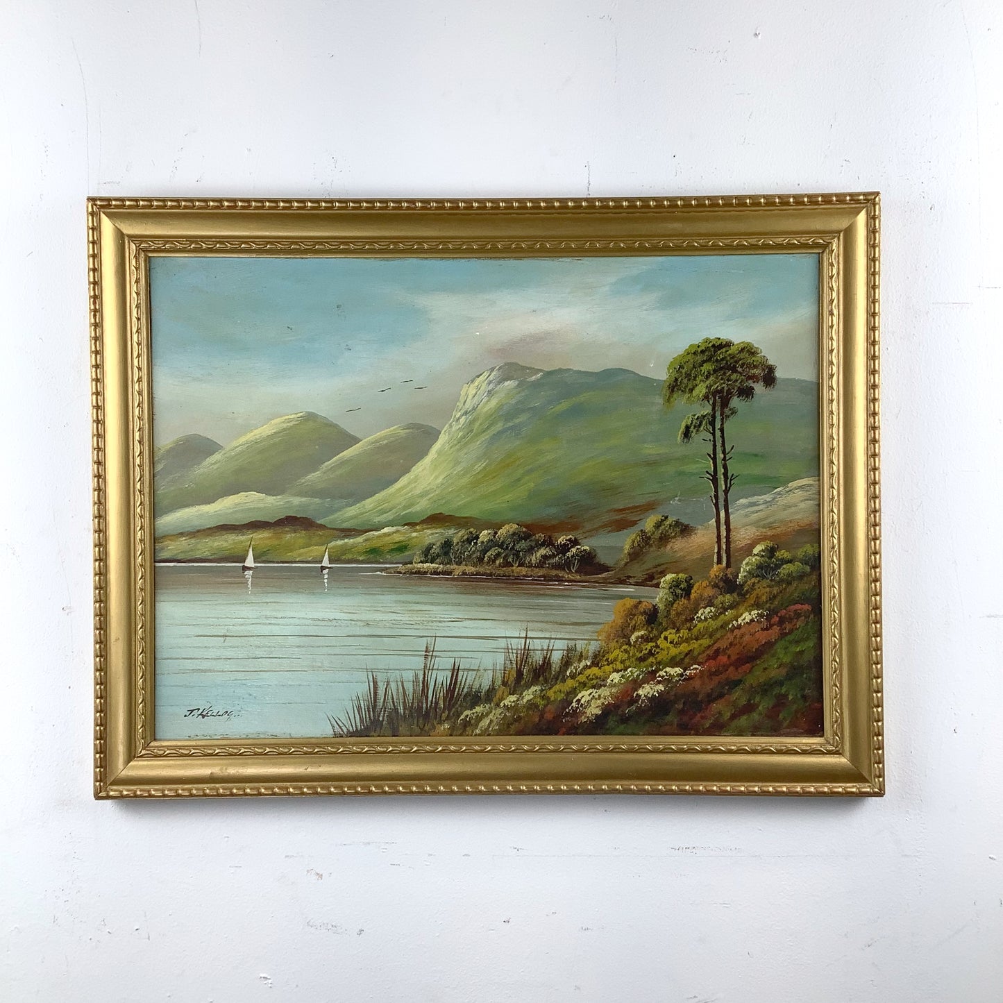 Antique Scottish Highland Loch Oil Painting | Signed J. Kellog | Original Gilt Frame