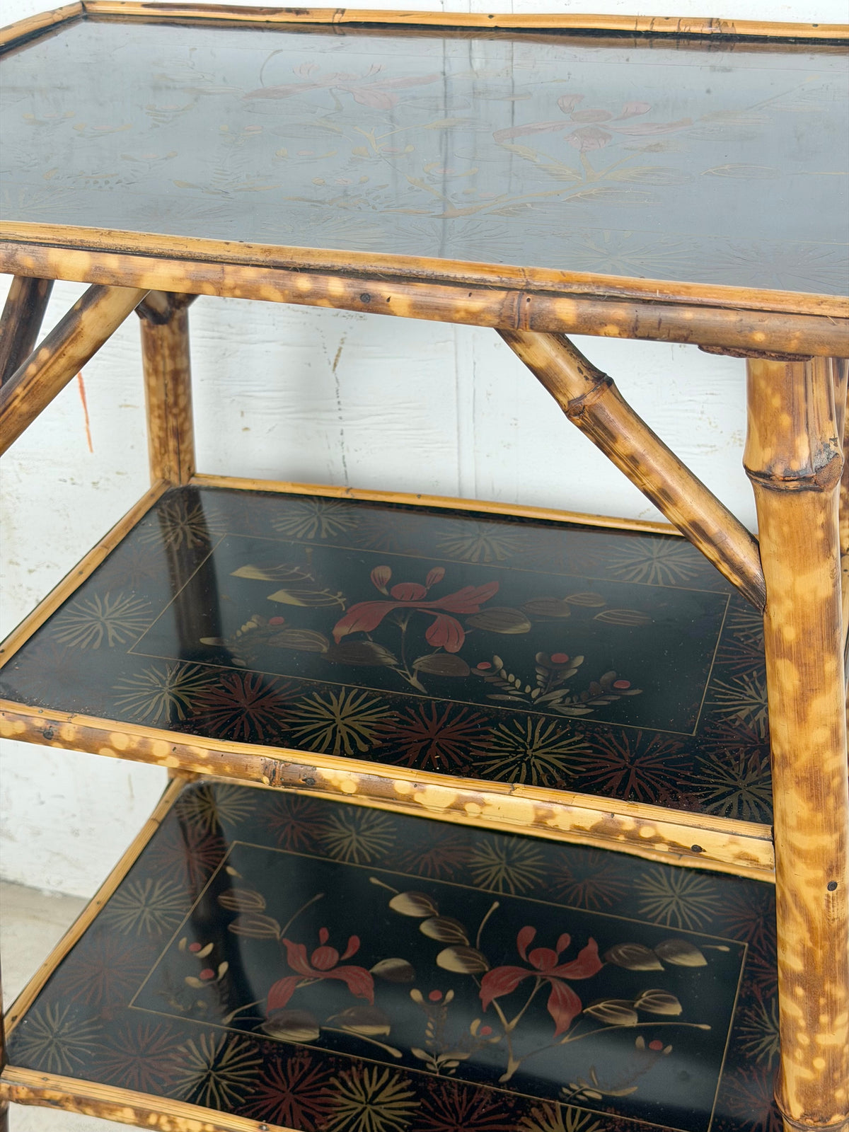 Antique Victorian Aesthetic Movement Tiger Bamboo Three-Tier Side Table with Floral Shelves