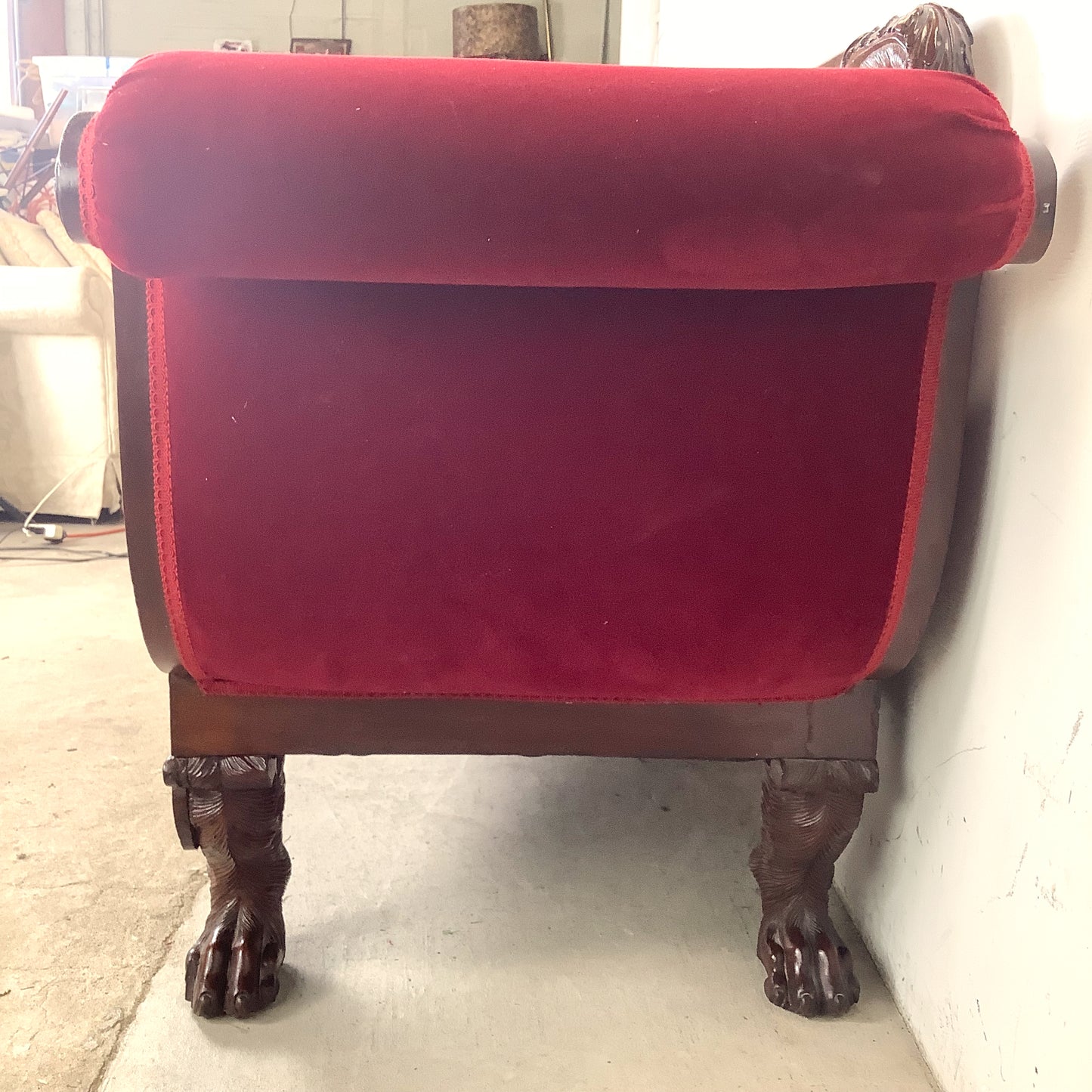 Antique American Empire Revival Mahogany Settee | Scroll Arms Sofa| Carved Paw Feet | Crimson Velvet