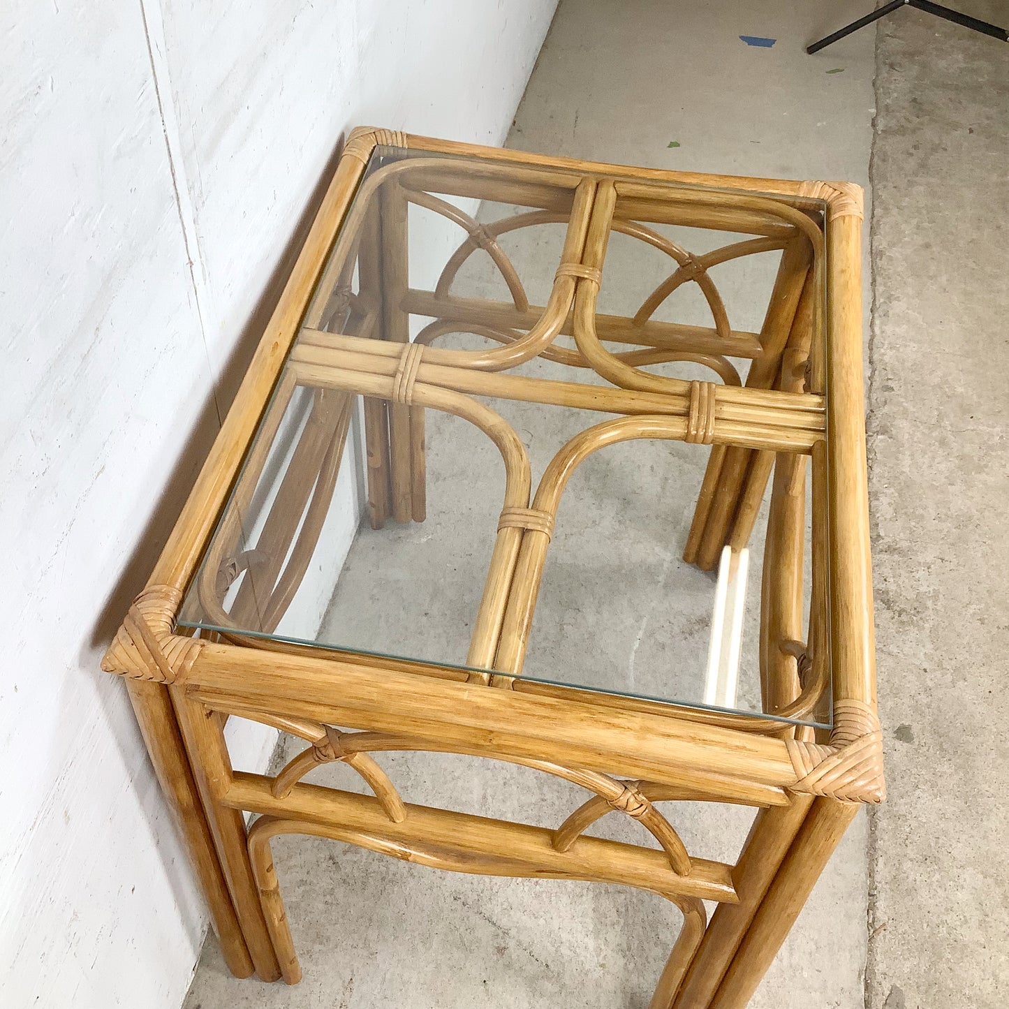 Vintage Bent Rattan Side Table with Inset Glass Top — Arch Apron, circa 1970s–1980s