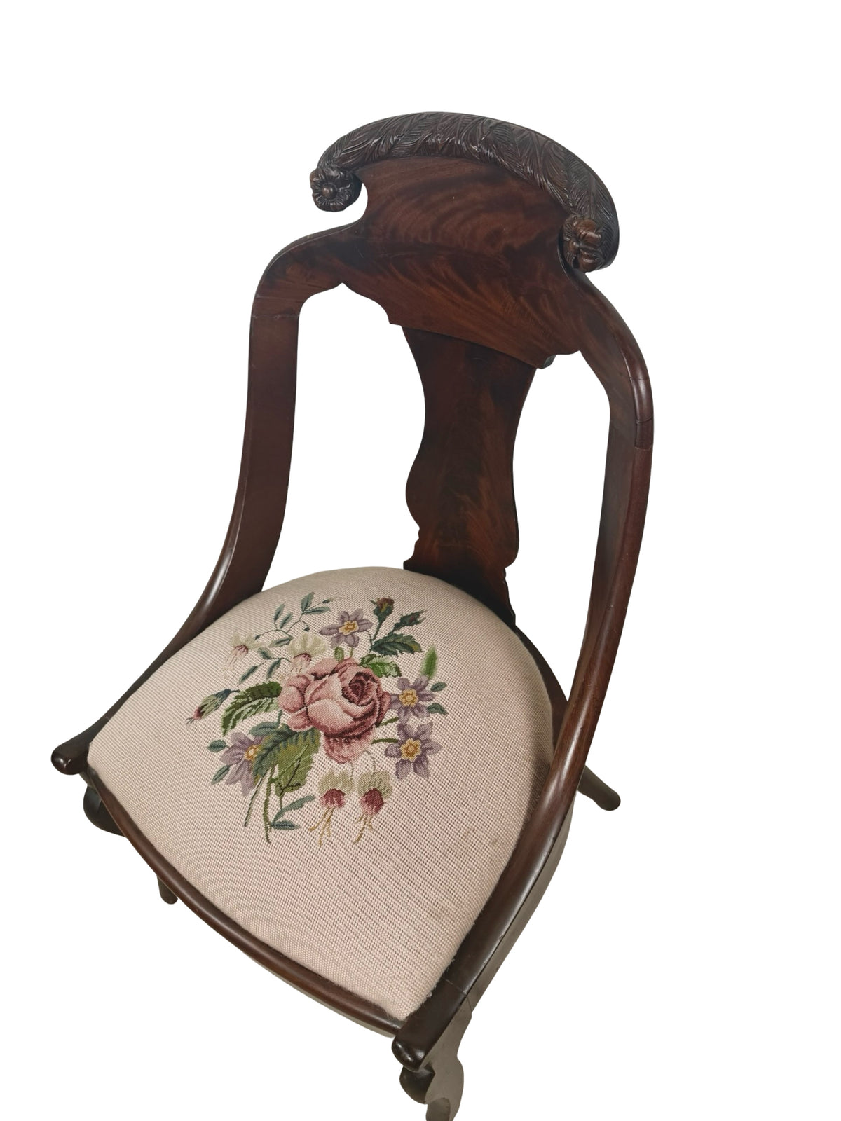 Antique Federal Style Carved Wood Side Chair with Floral Needlepoint Seat