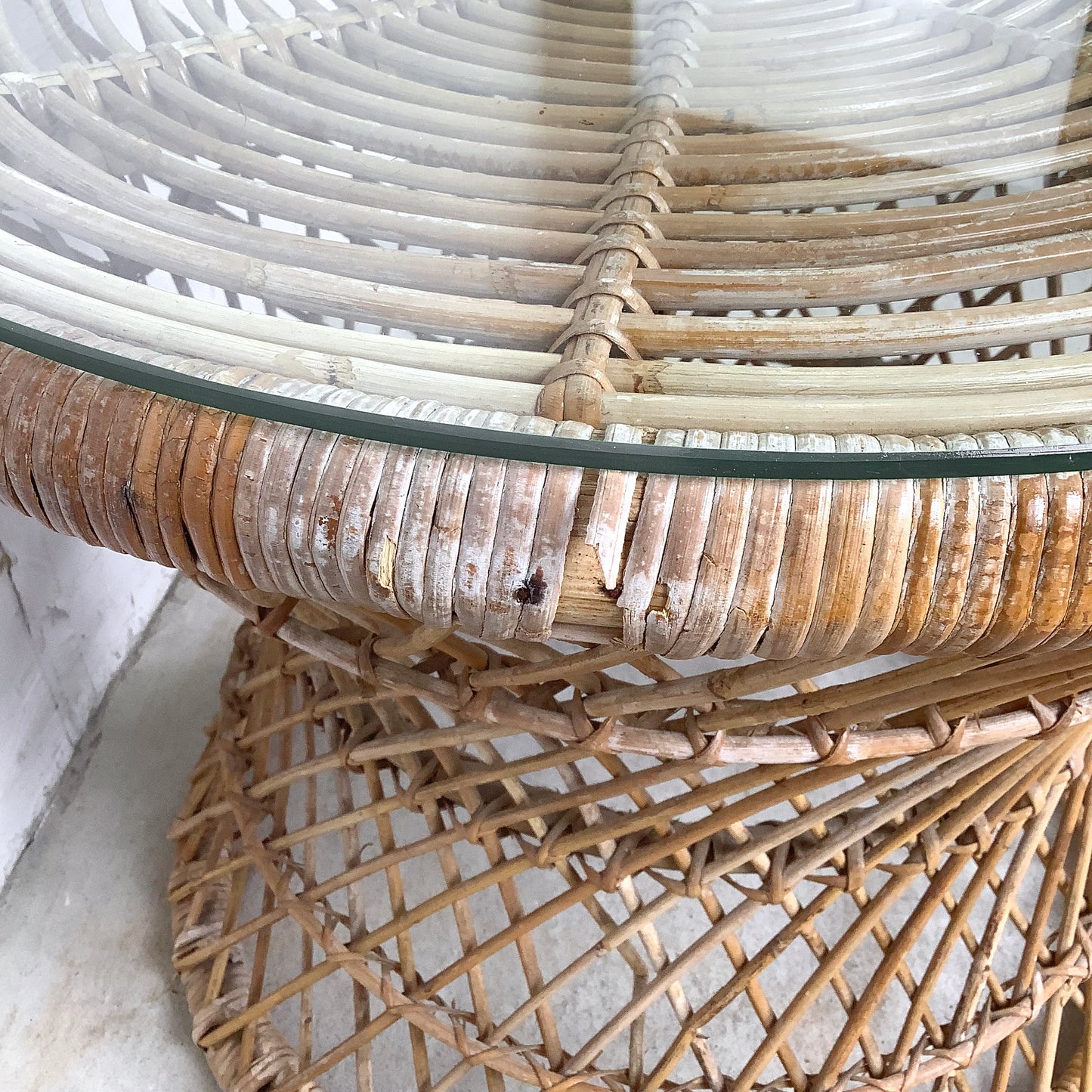 Vintage Wicker Drum Table With Glass Top