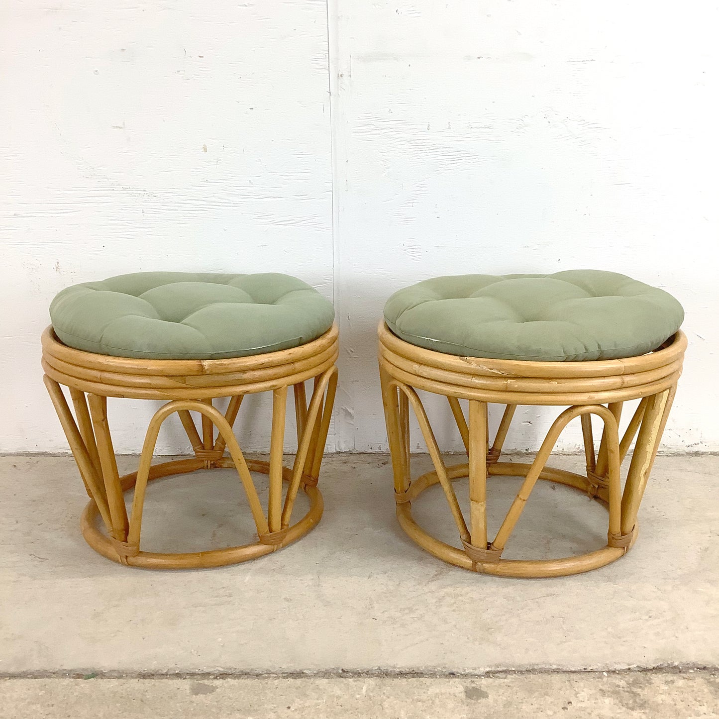 Pair Vintage Boho Rattan Footstools