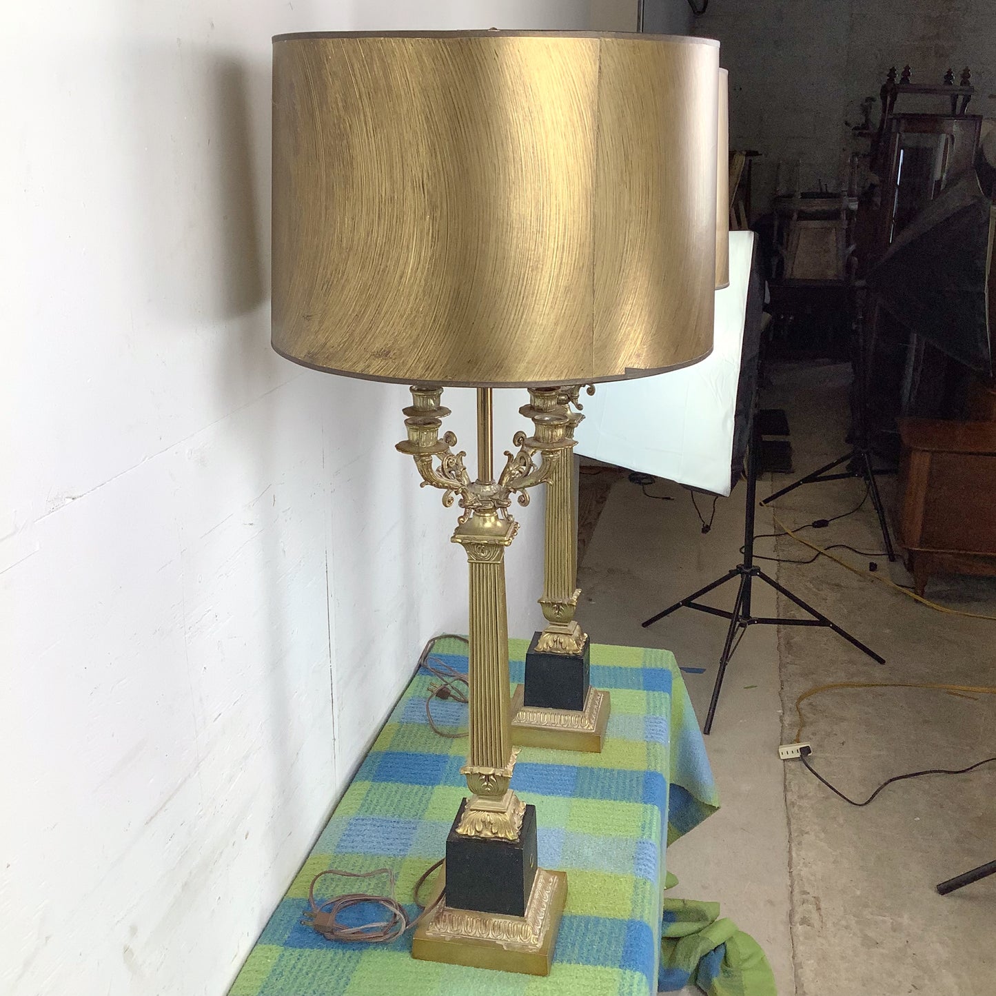 Pair of Neoclassical Brass Table Lamps with Fluted Columns and Ornate Candelabra Tops