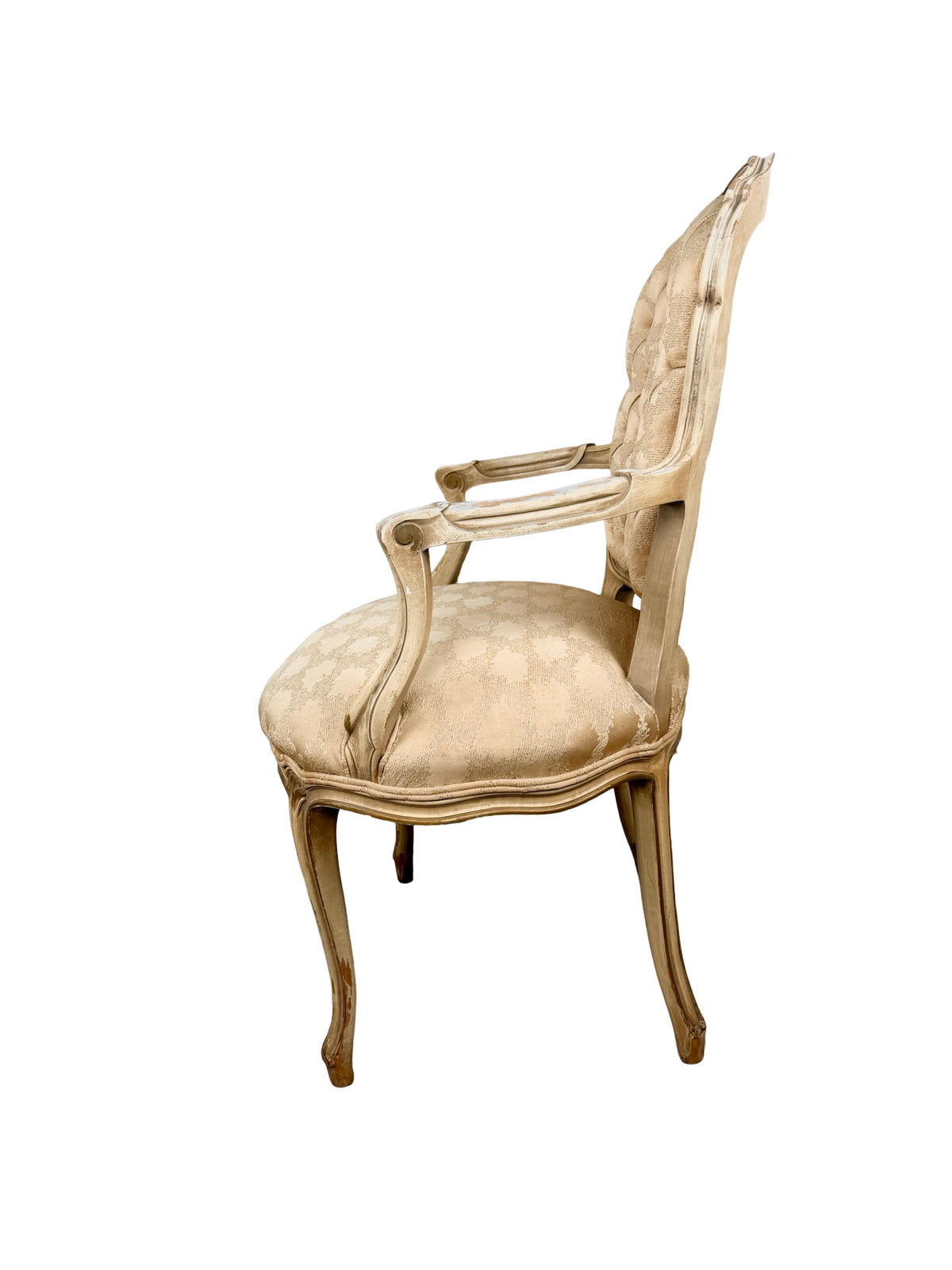 Vintage Louis XV Revival Armchair with Painted Frame, Tufted Back and Damask Seat