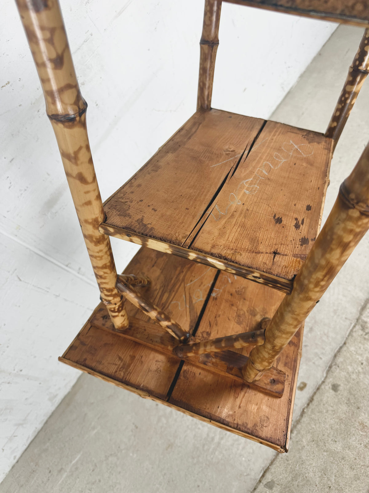 Antique Victorian Aesthetic Movement Tiger Bamboo Three-Tier Side Table with Floral Shelves