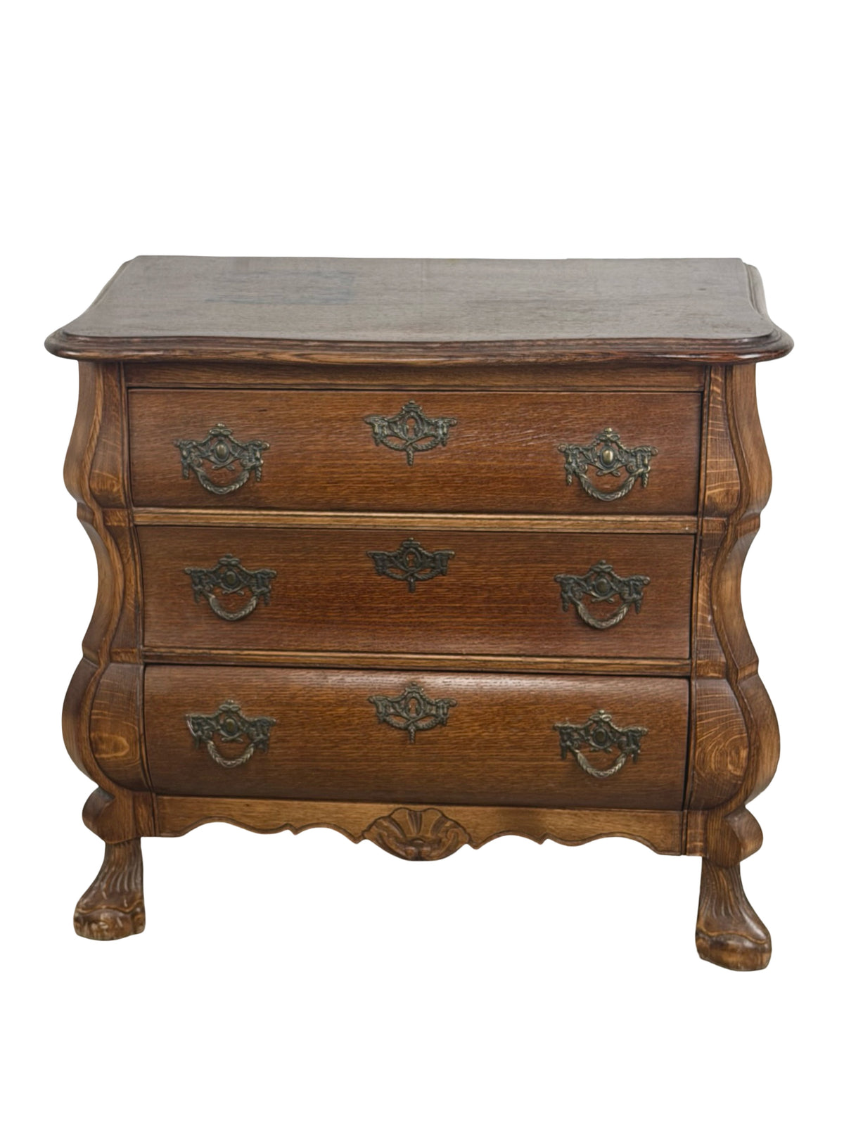 Vintage Dutch Baroque Revival Oak Bombé Three-Drawer Chest with Paw Feet