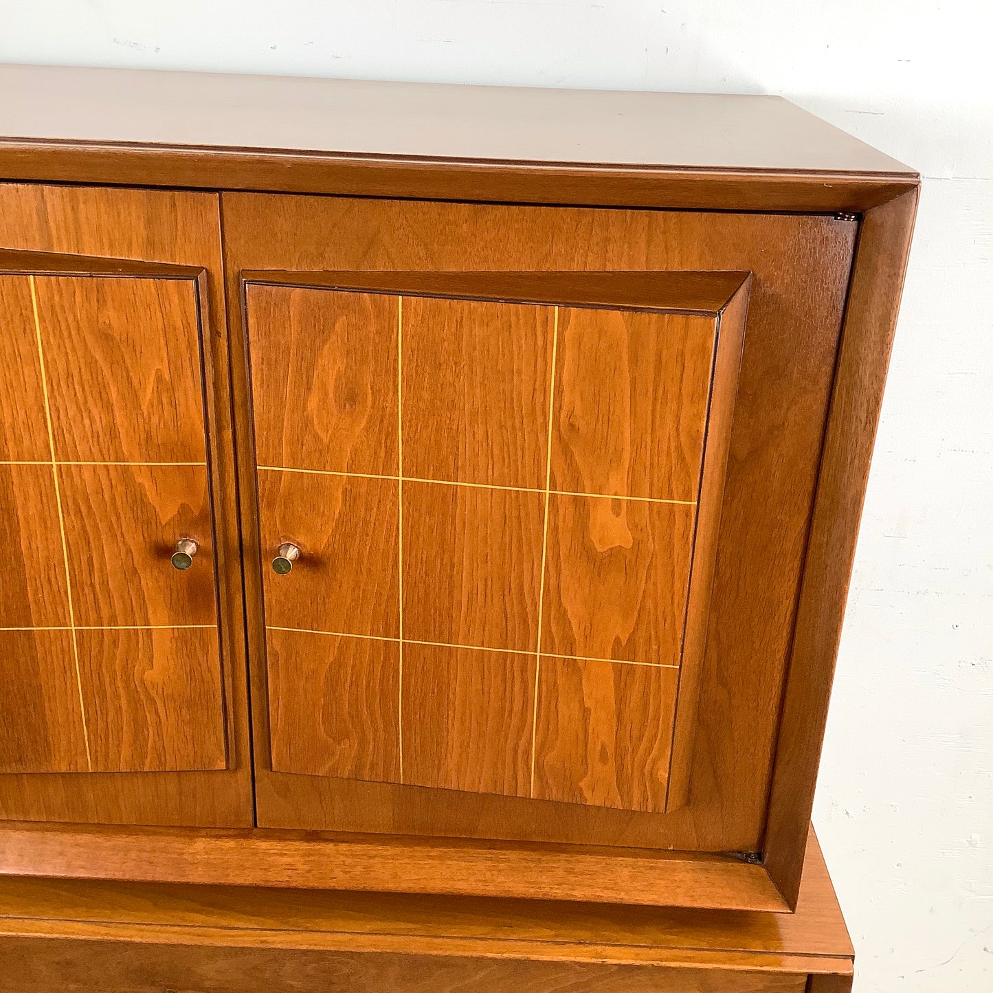 Mid-Century Walnut Highboy With Brass Pulls and Interior Drawers