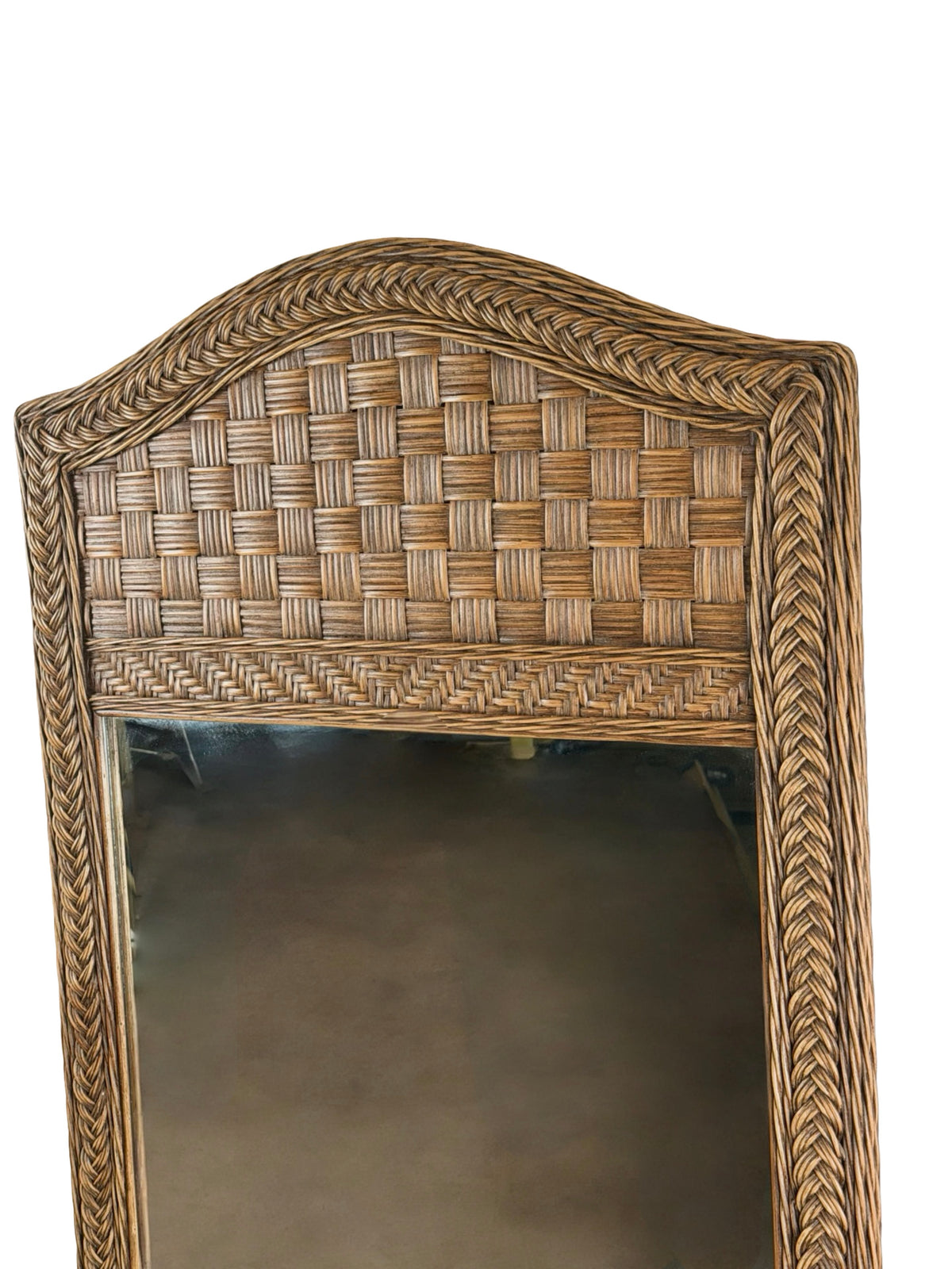 Vintage Arched Wicker Wall Mirror with Basket-Weave Panel and Braided Frame