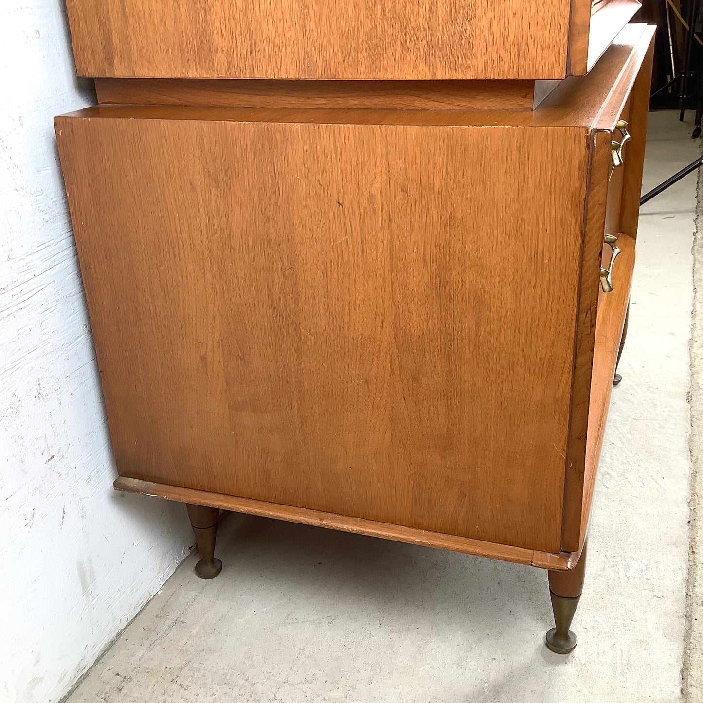 Mid-Century Walnut Highboy With Brass Pulls and Interior Drawers
