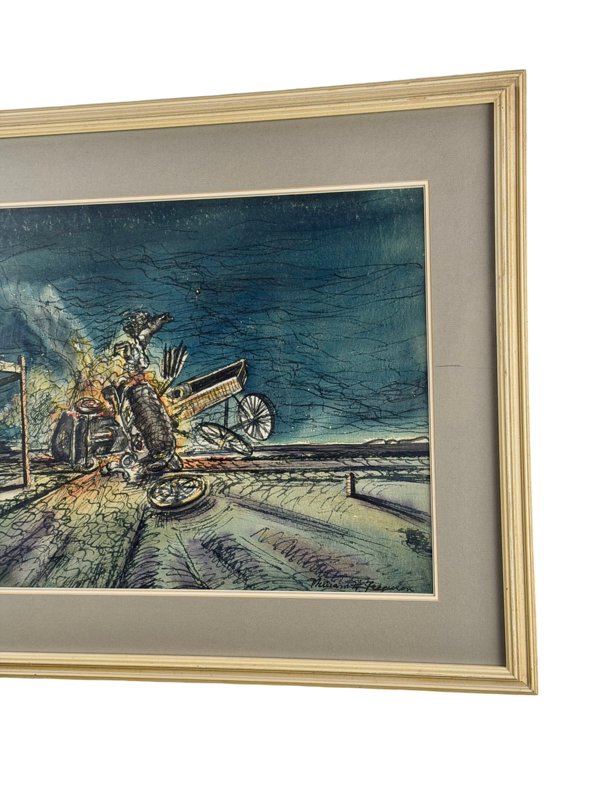 William H. Ferguson Signed Surrealist Carriage Crash Framed Mixed Media Artwork