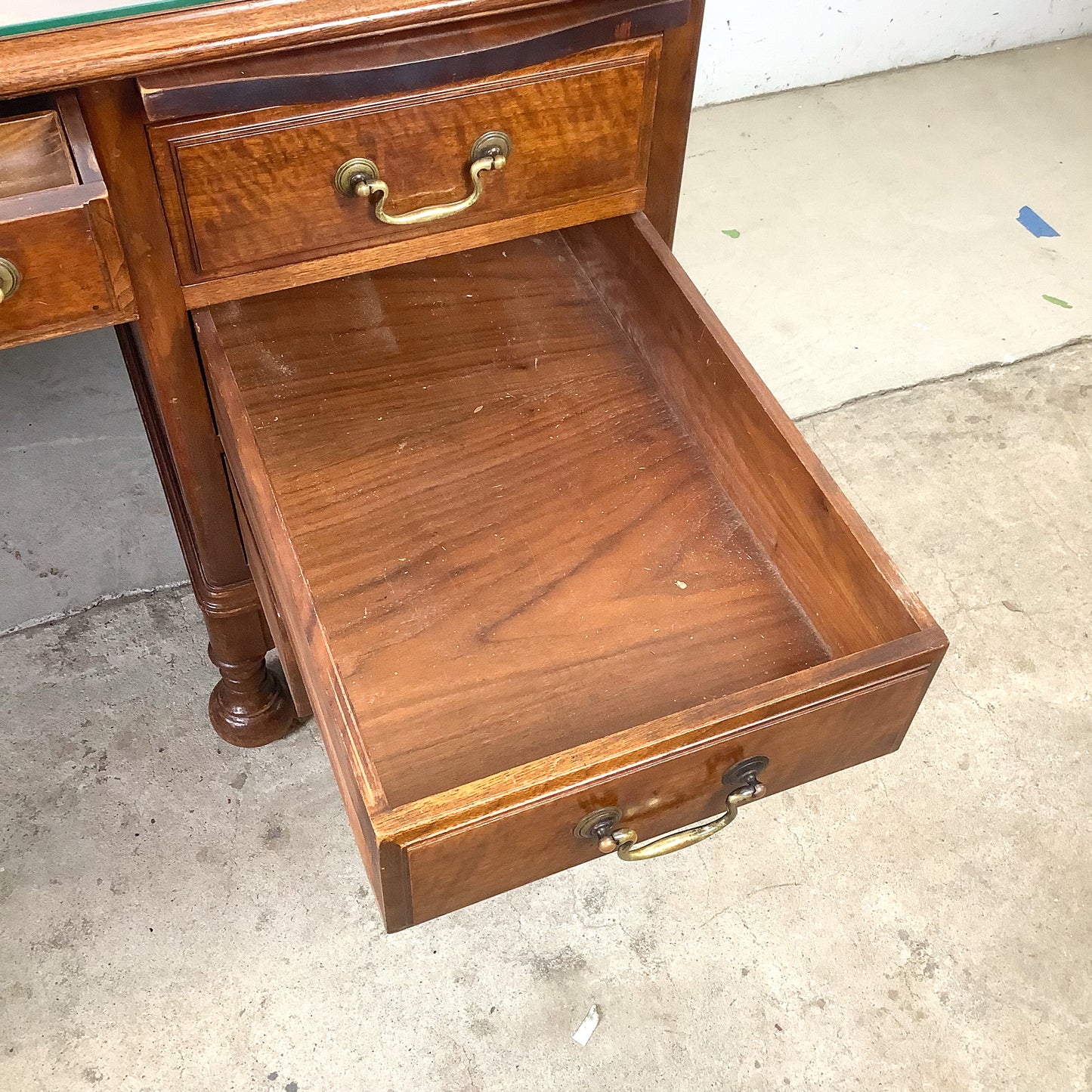 Antique Queen Anne Revival Kneehole Pedestal Desk | Burl Walnut | Brass Bail Pulls | Bun Feet |c. 20th C