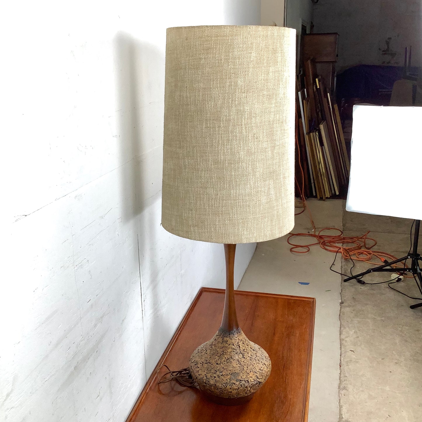 Vintage Cork and Wood Sculptural Table Lamp