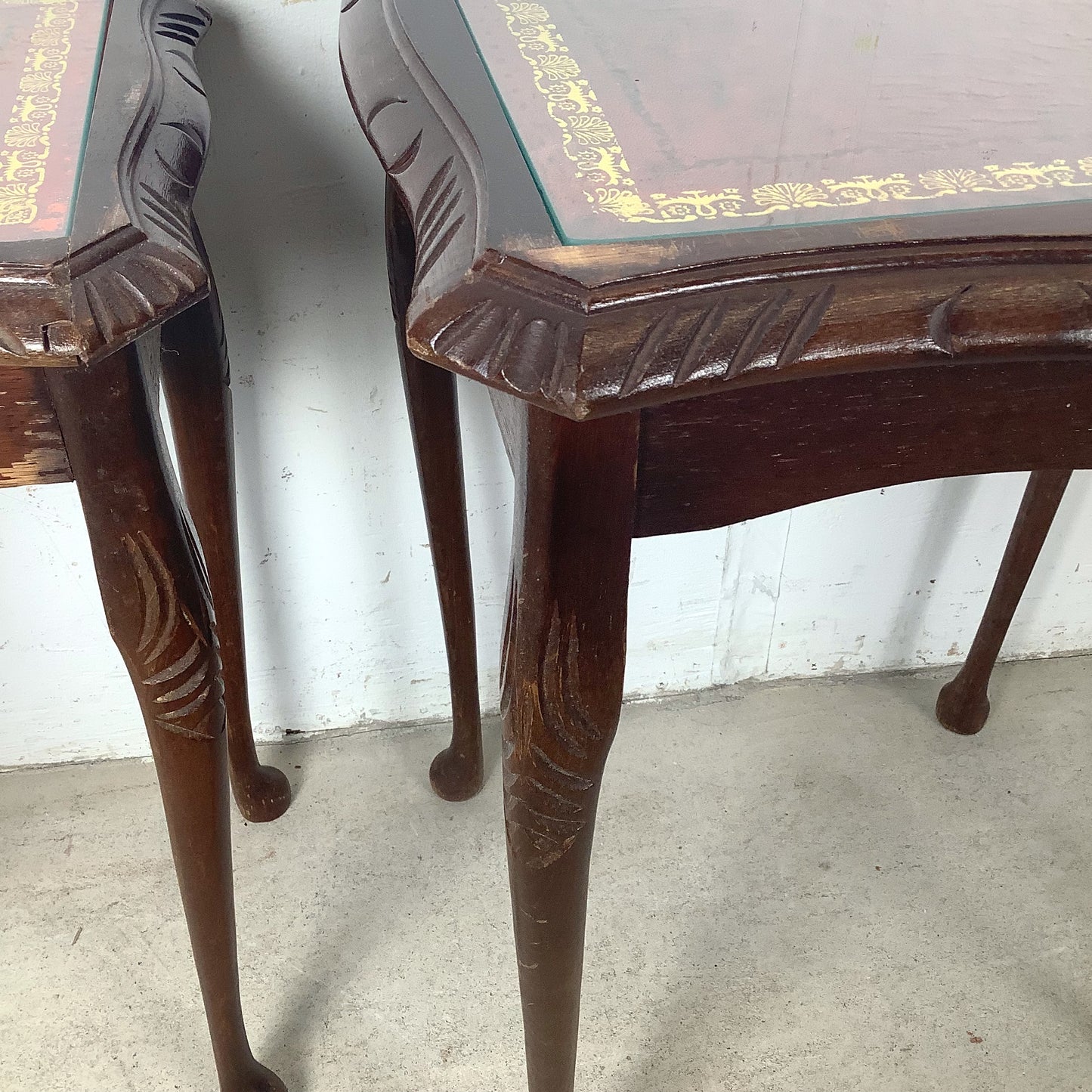Vintage Queen Anne Style Nesting Tables with Tooled Leather Tops – Set of Three