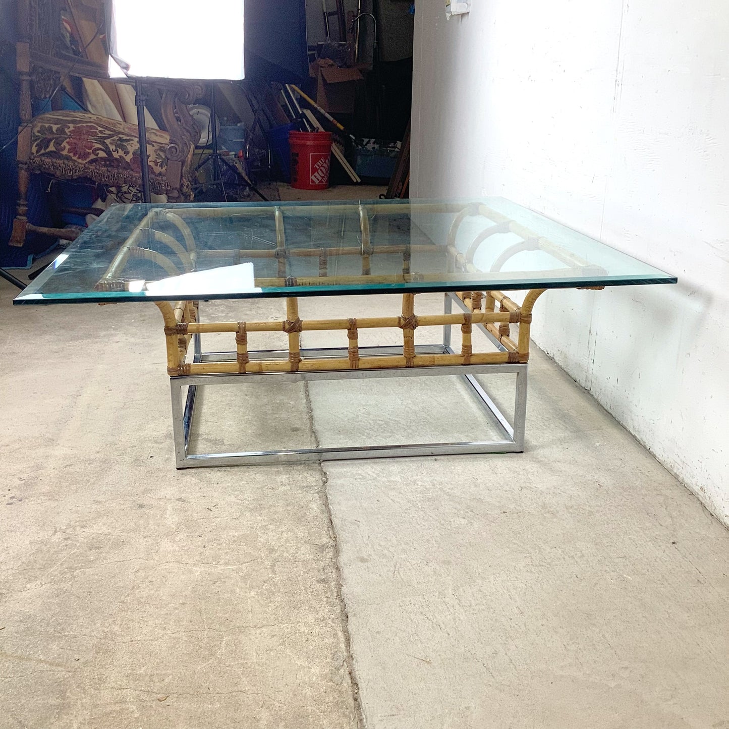 Vintage Hollywood Regency Bamboo, Chrome, and Glass Square Coffee Table