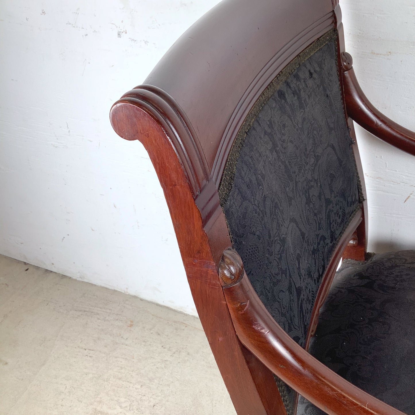 Empire Style Mahogany Armchair | Carved Acanthus Frame | Black Damask Upholstery | Neoclassical